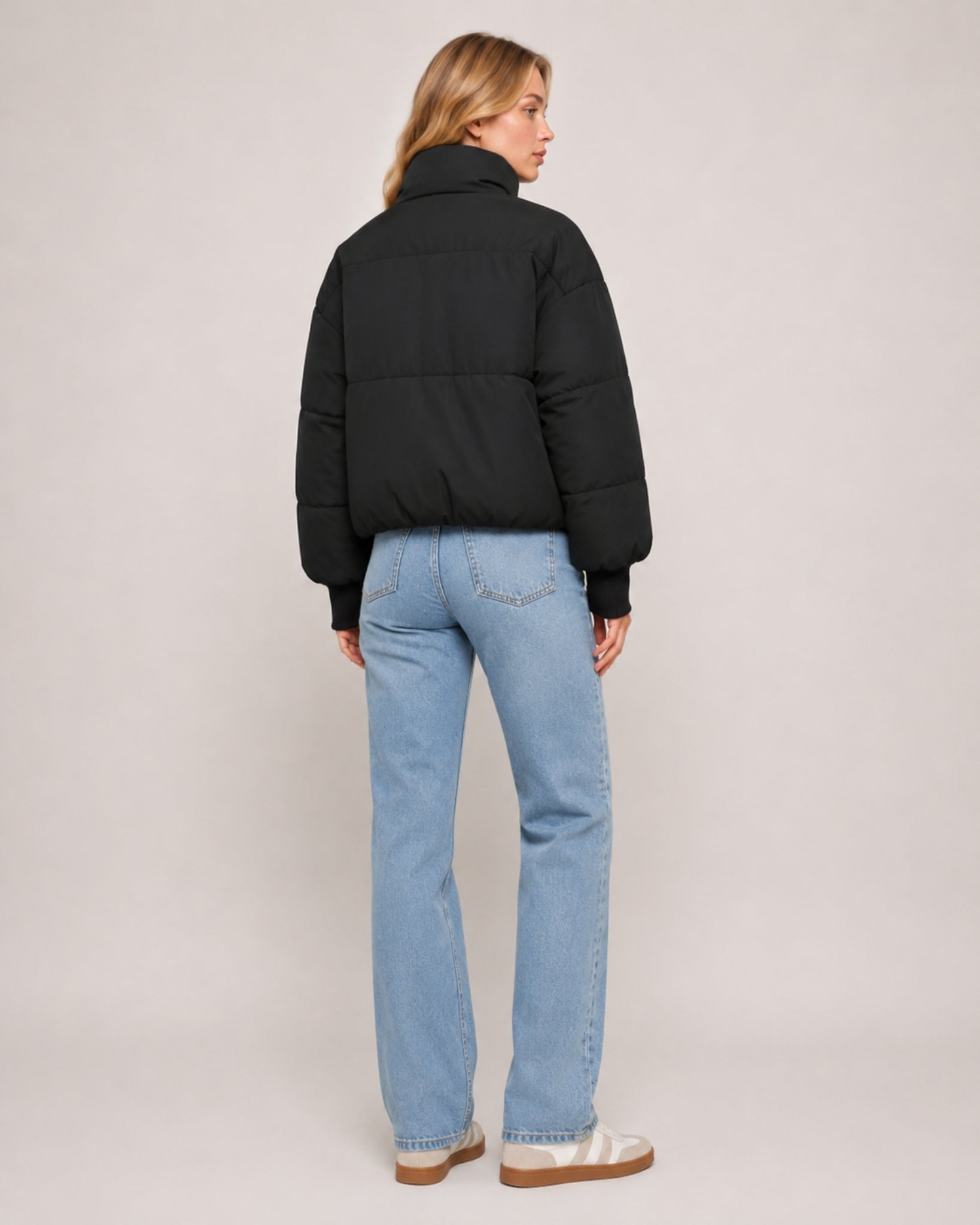 Women's Cropped Puffer Jacket with High Neck and Ribbed Cuffs