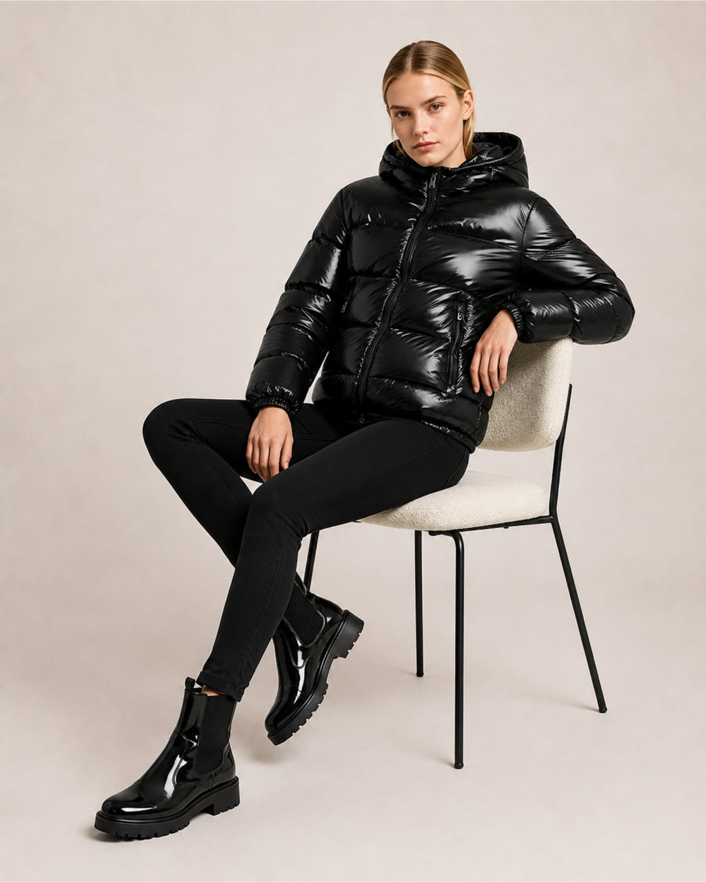 Women's Shiny Puffer Jacket with High Collar