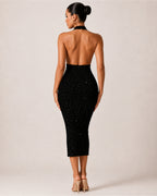 Women's Black Sequin Party Midi Dress – Halter Neck Bodycon Dress