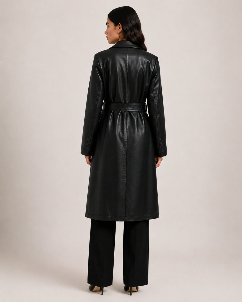 Women's Trench Coat Faux Leather Longline Belted Style