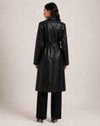 Women's Trench Coat Faux Leather Longline Belted Style
