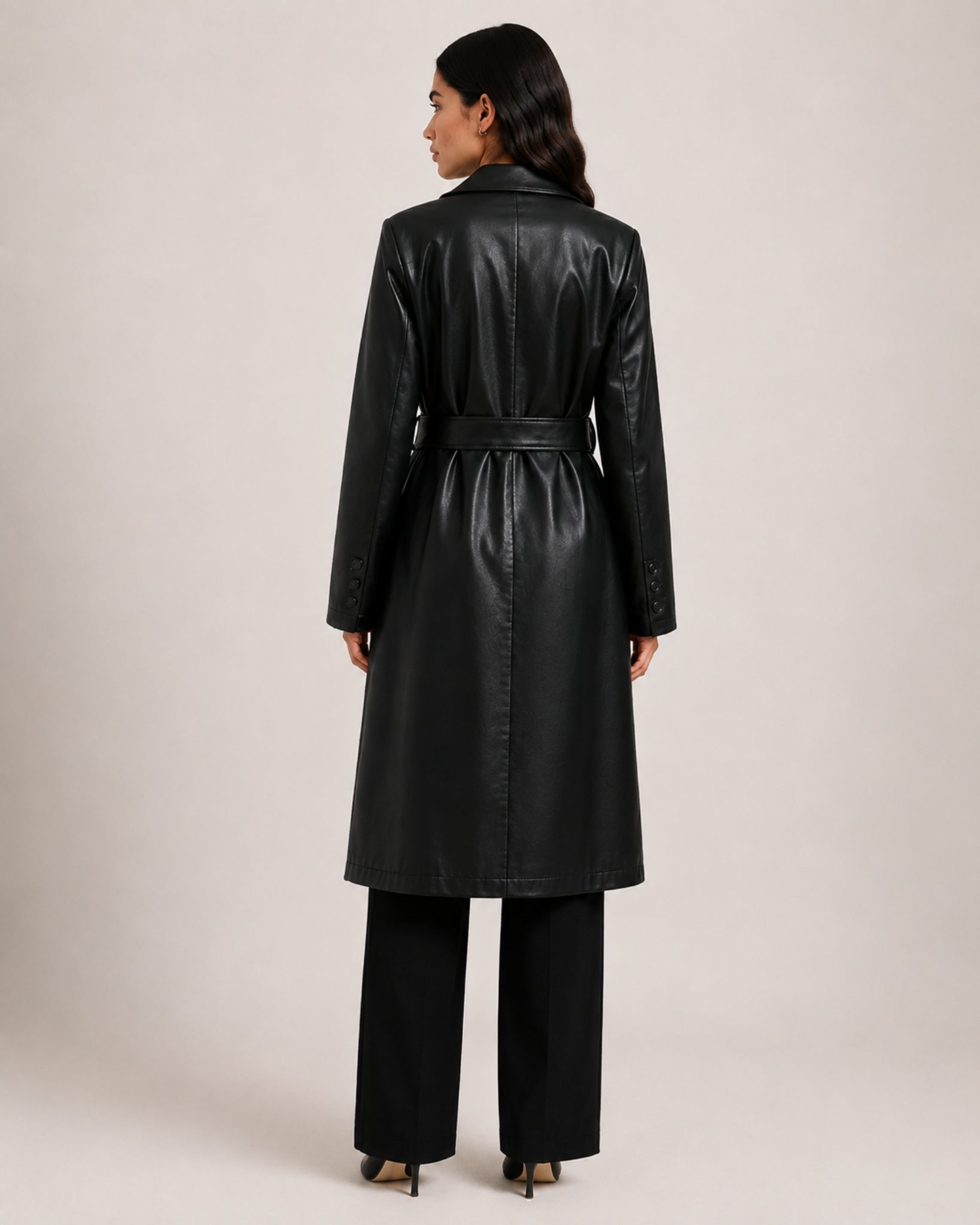 Women's Trench Coat Faux Leather Longline Belted Style