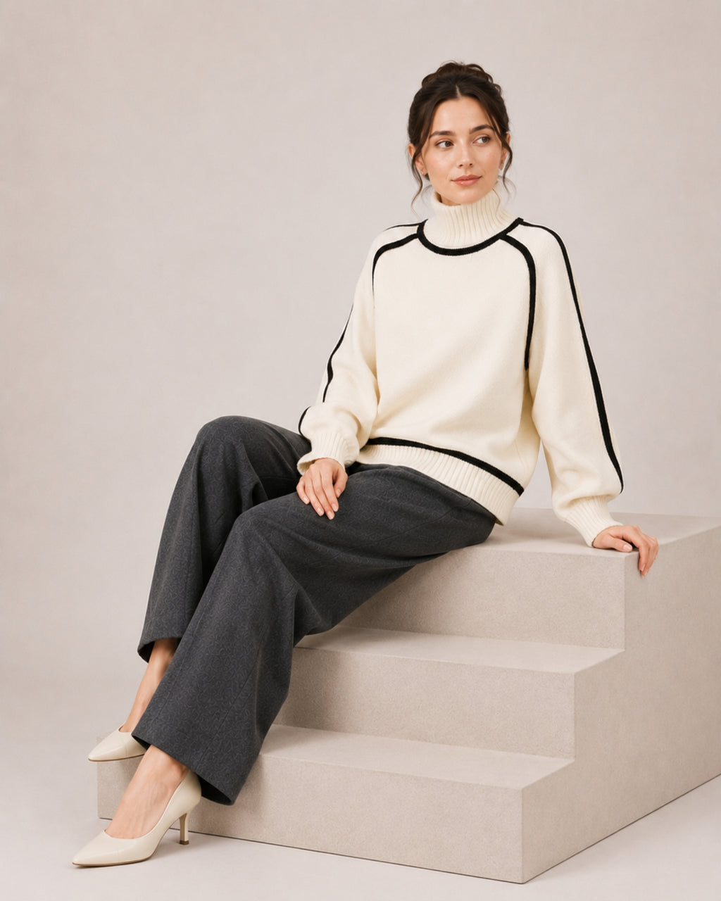 Women's Oversized Turtleneck Jumper with Contrast Trim