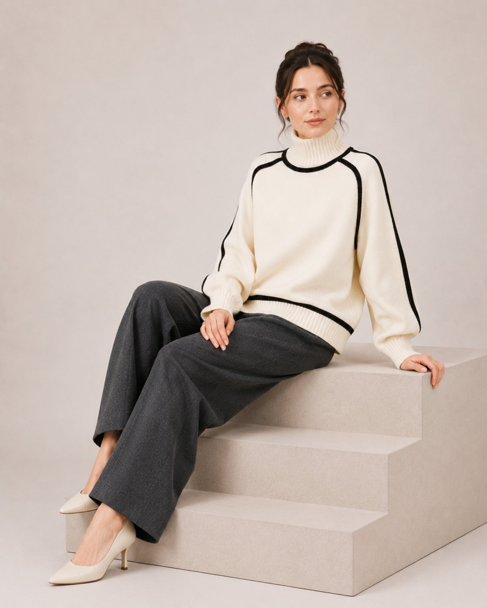 Women's Oversized Turtleneck Jumper with Contrast Trim