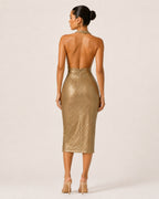 Women's Gold Sequin Party Midi Dress – Halter Neck Bodycon Dress