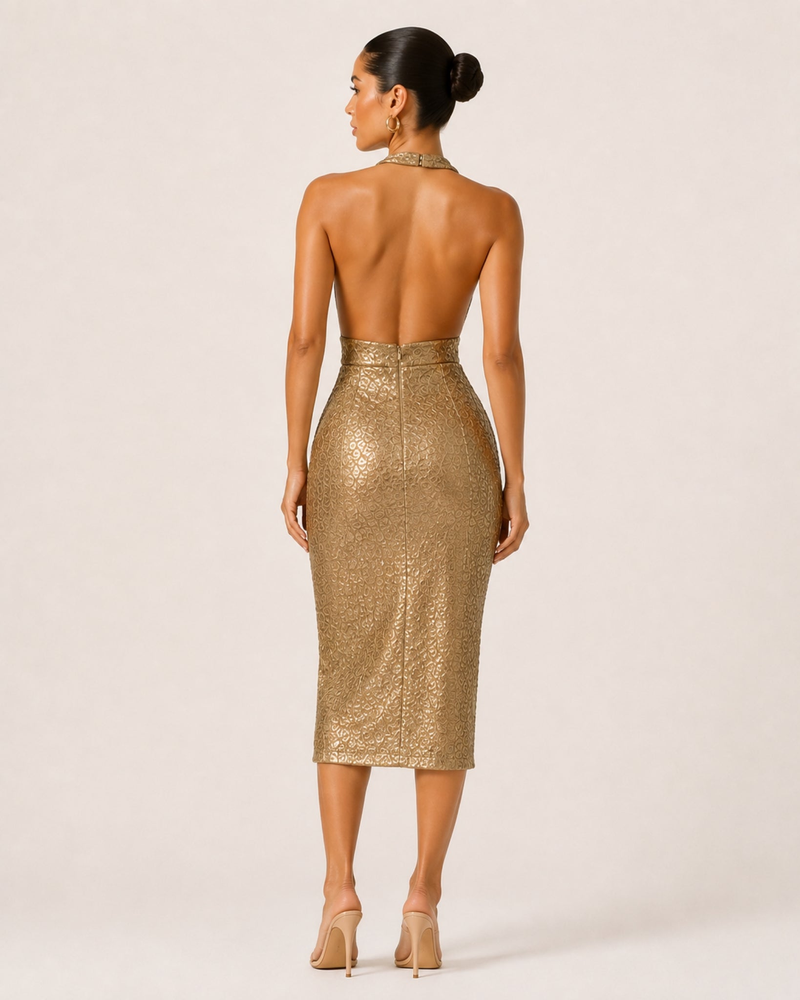 Women's Gold Sequin Party Midi Dress – Halter Neck Bodycon Dress