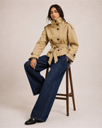 Women's Cropped Trench Coat with Belt & Stand Collar