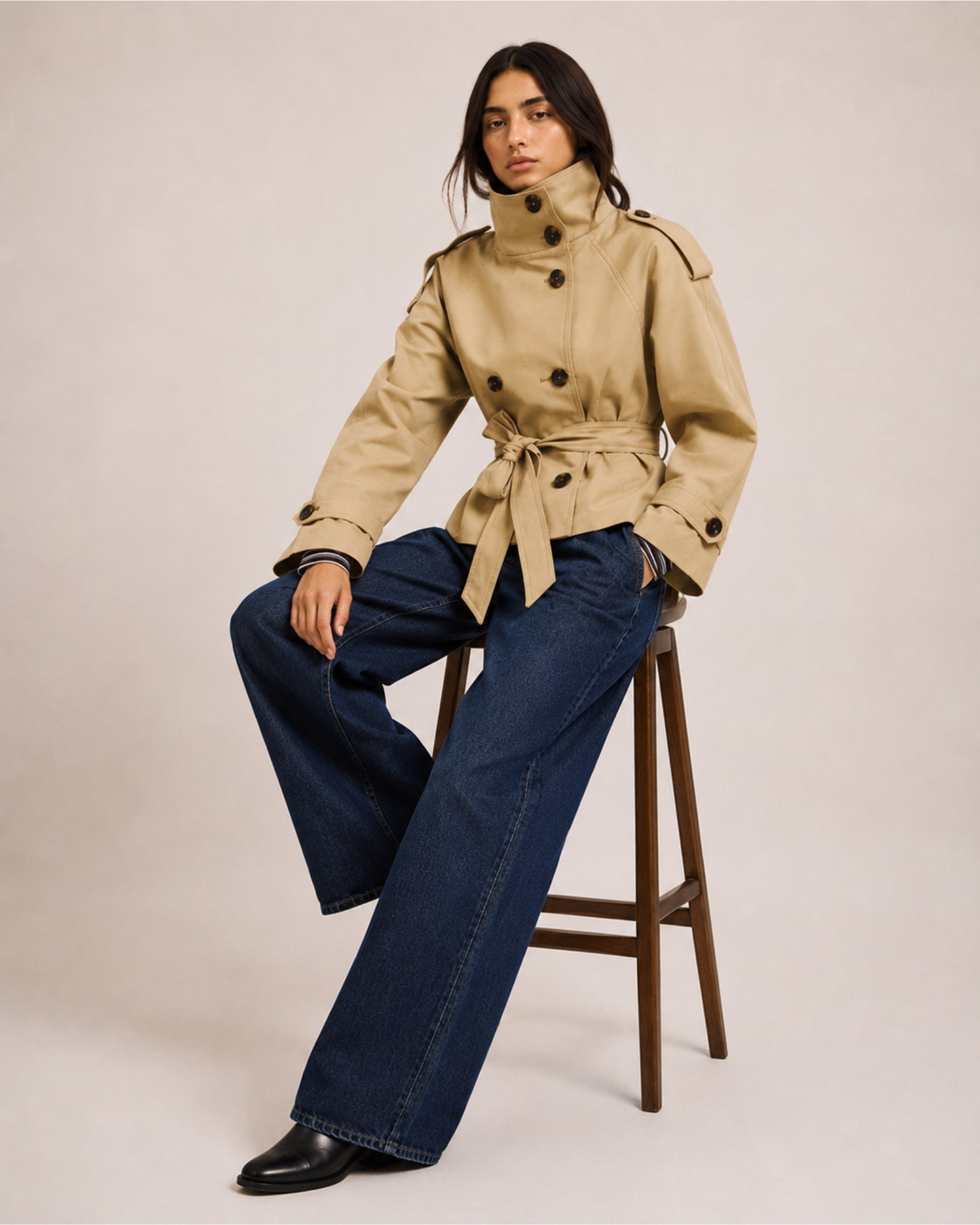 Women's Cropped Trench Coat with Belt & Stand Collar