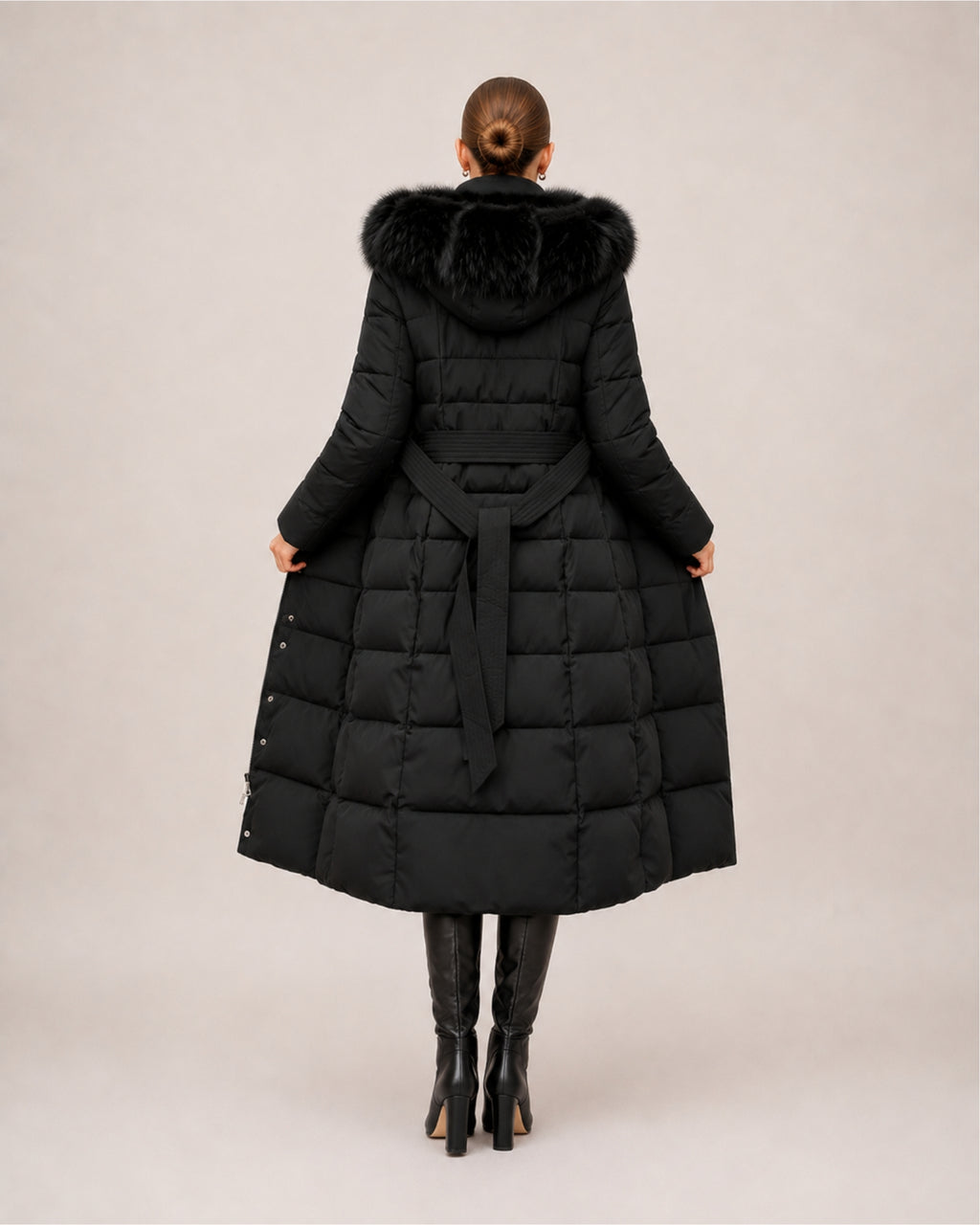 Women's Long Puffer Coat with Faux Fur Hood & Belt