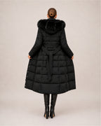 Women's Long Puffer Coat with Faux Fur Hood & Belt