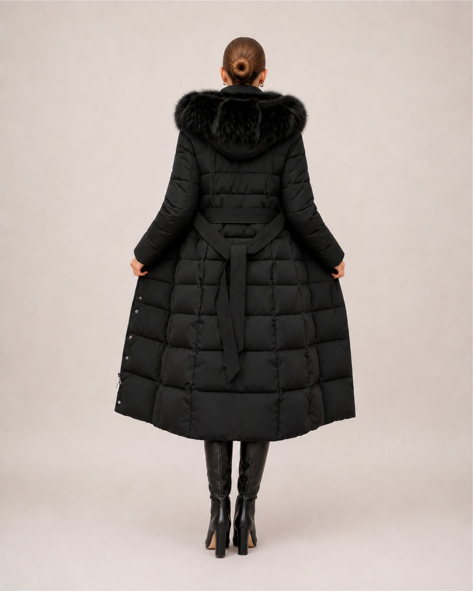Women's Long Puffer Coat with Faux Fur Hood & Belt