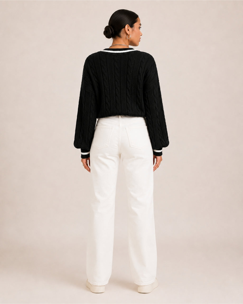 Women's V Neck Cable Knit Jumper with Contrast Trim
