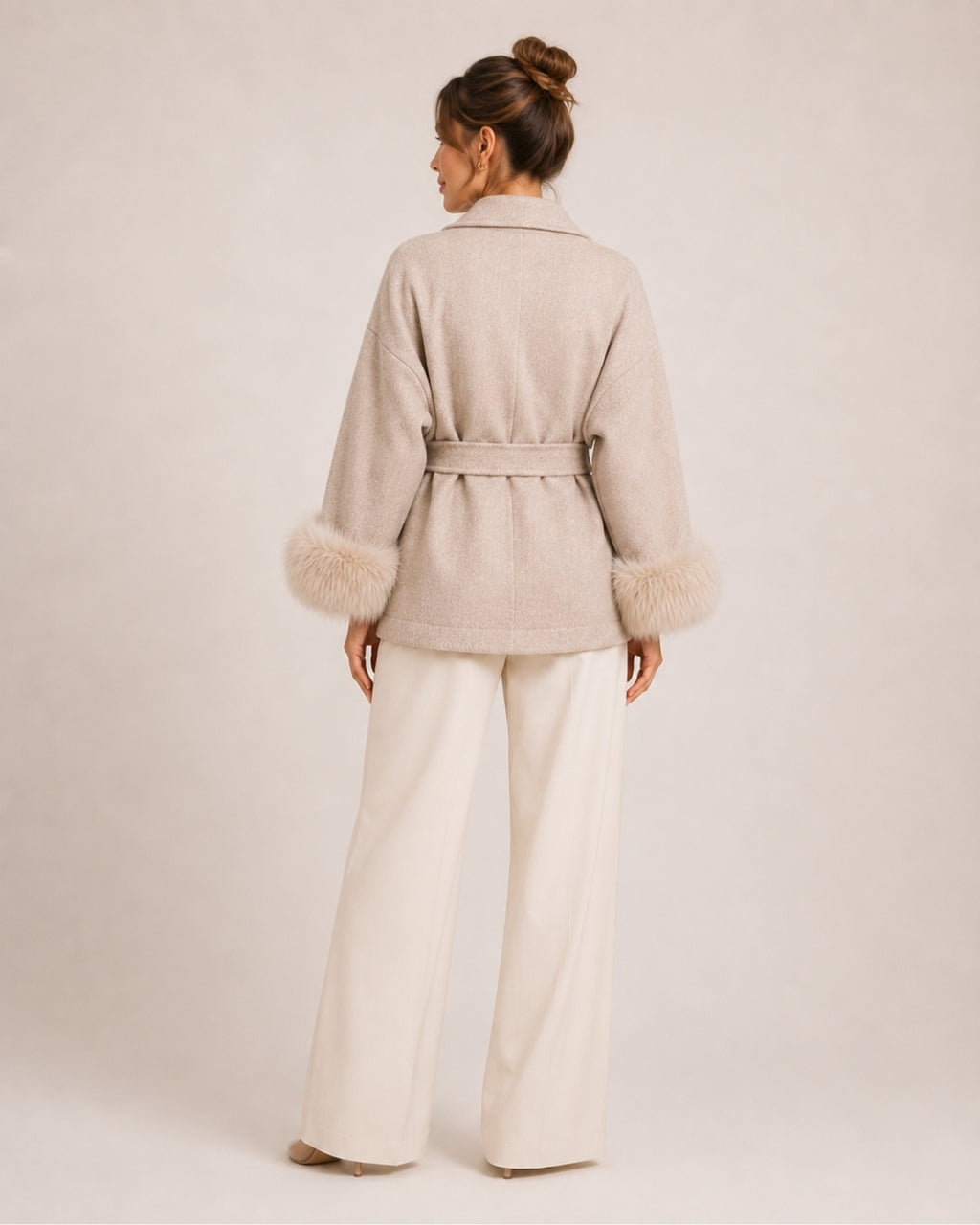 Women's Short Belted Coat with Faux Fur Cuffs