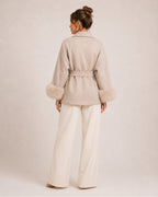 Women's Short Belted Coat with Faux Fur Cuffs