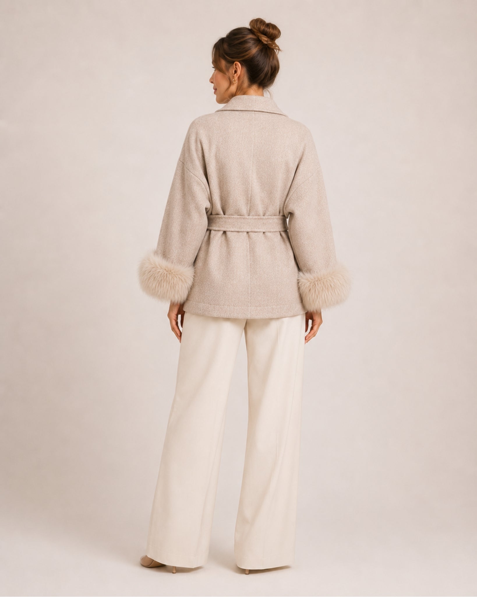 Women's Short Belted Coat with Faux Fur Cuffs
