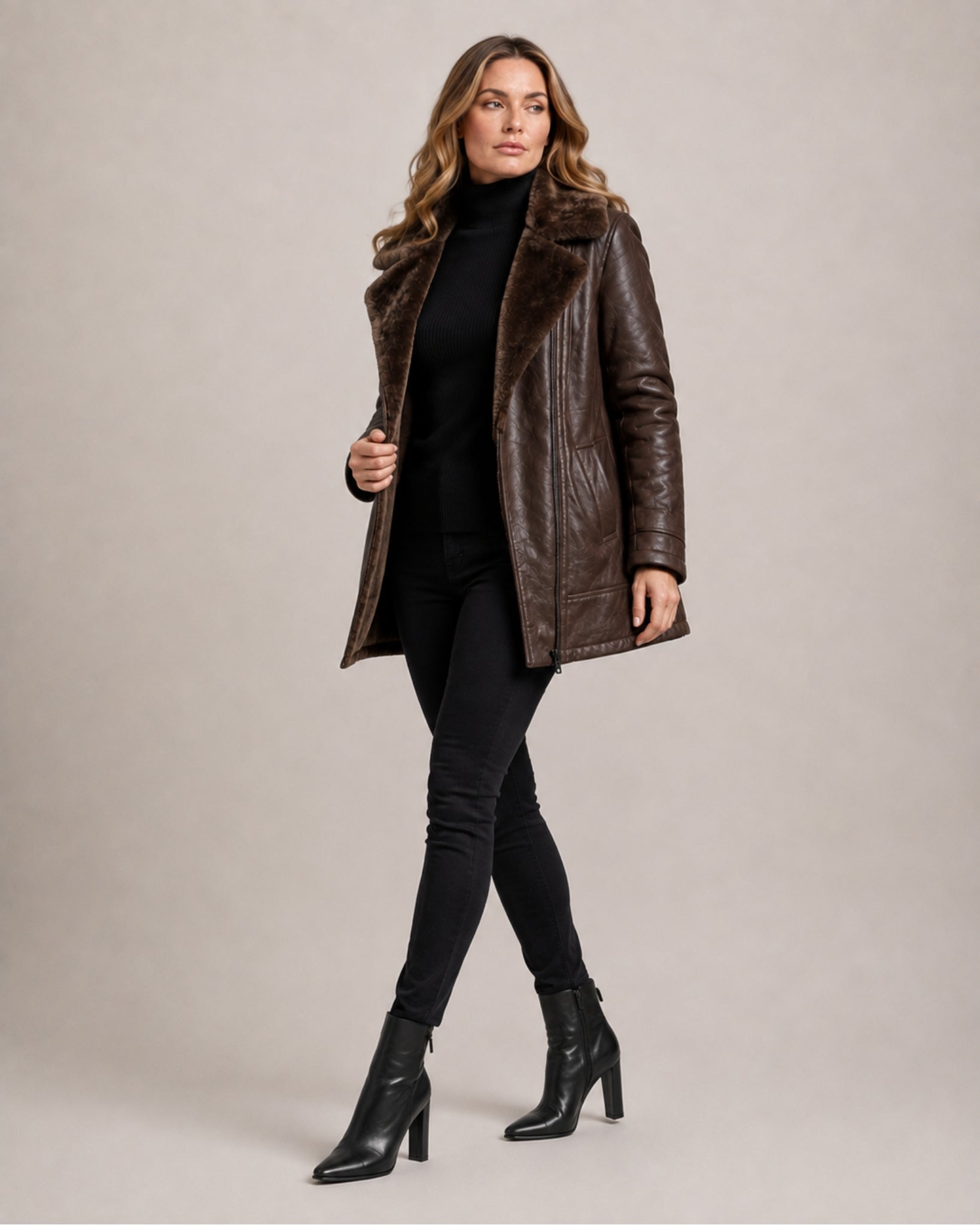 Women's Faux Leather Jacket with Faux Fur Collar