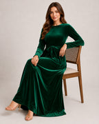 Women's Velvet Maxi Dress Long Sleeve Belted Style