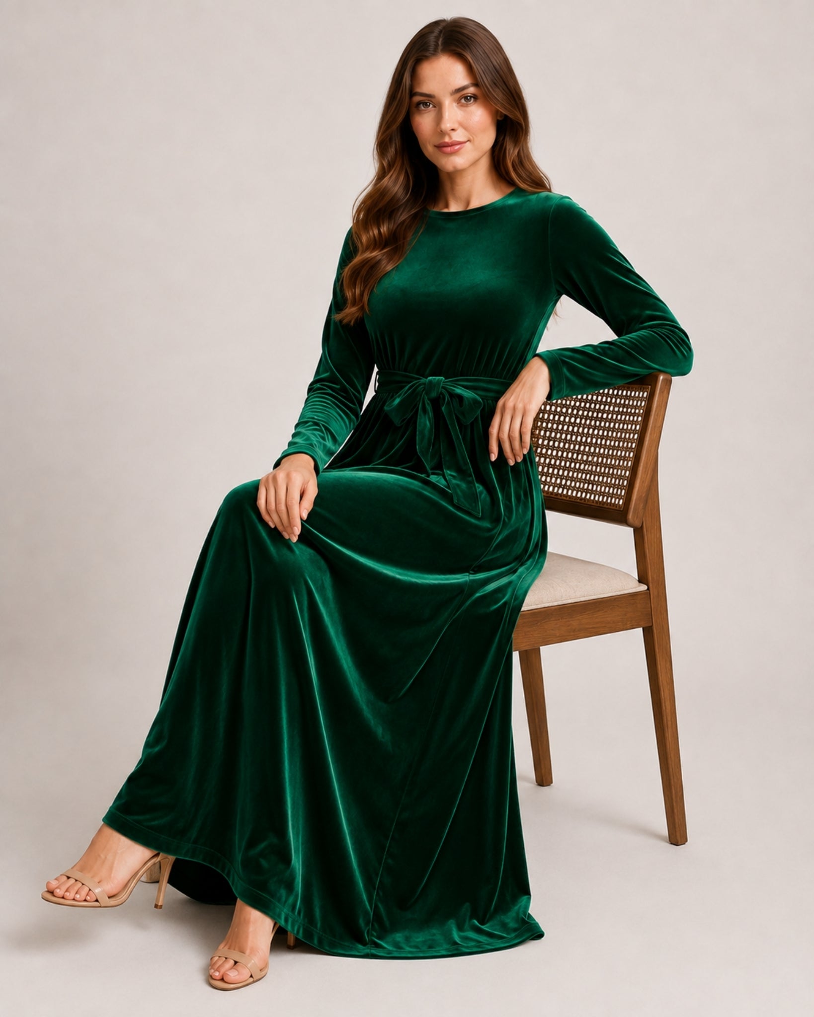 Women's Velvet Maxi Dress Long Sleeve Belted Style