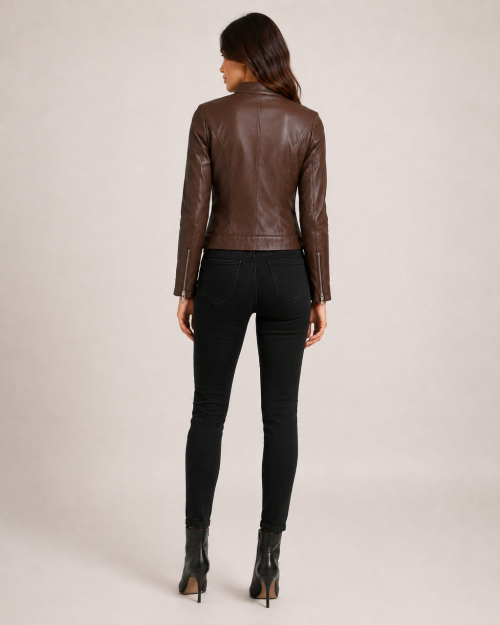 Women's Brown Faux Leather Jacket – Fitted Zip-Up Style
