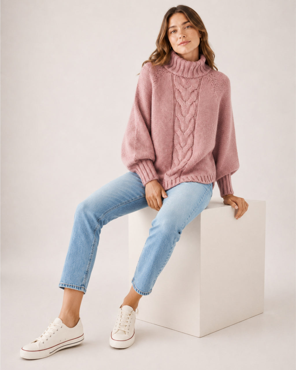 Women's Cable Knit Jumper Chunky Roll Neck Style