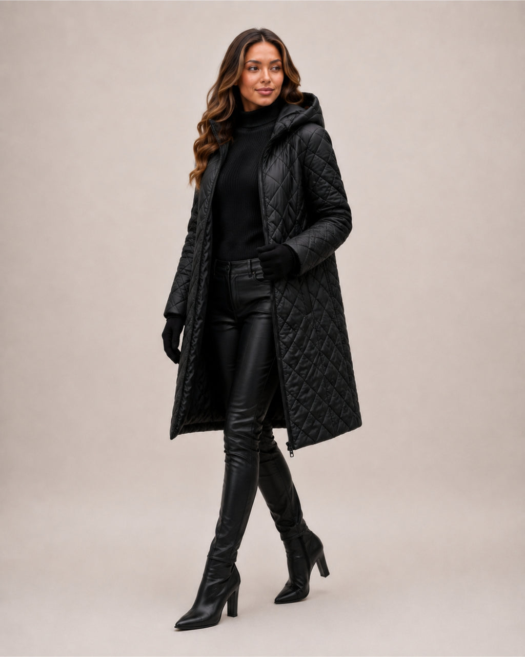 Women's Long Quilted Coat with Diamond Stitching