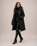 Women's Long Quilted Coat with Diamond Stitching