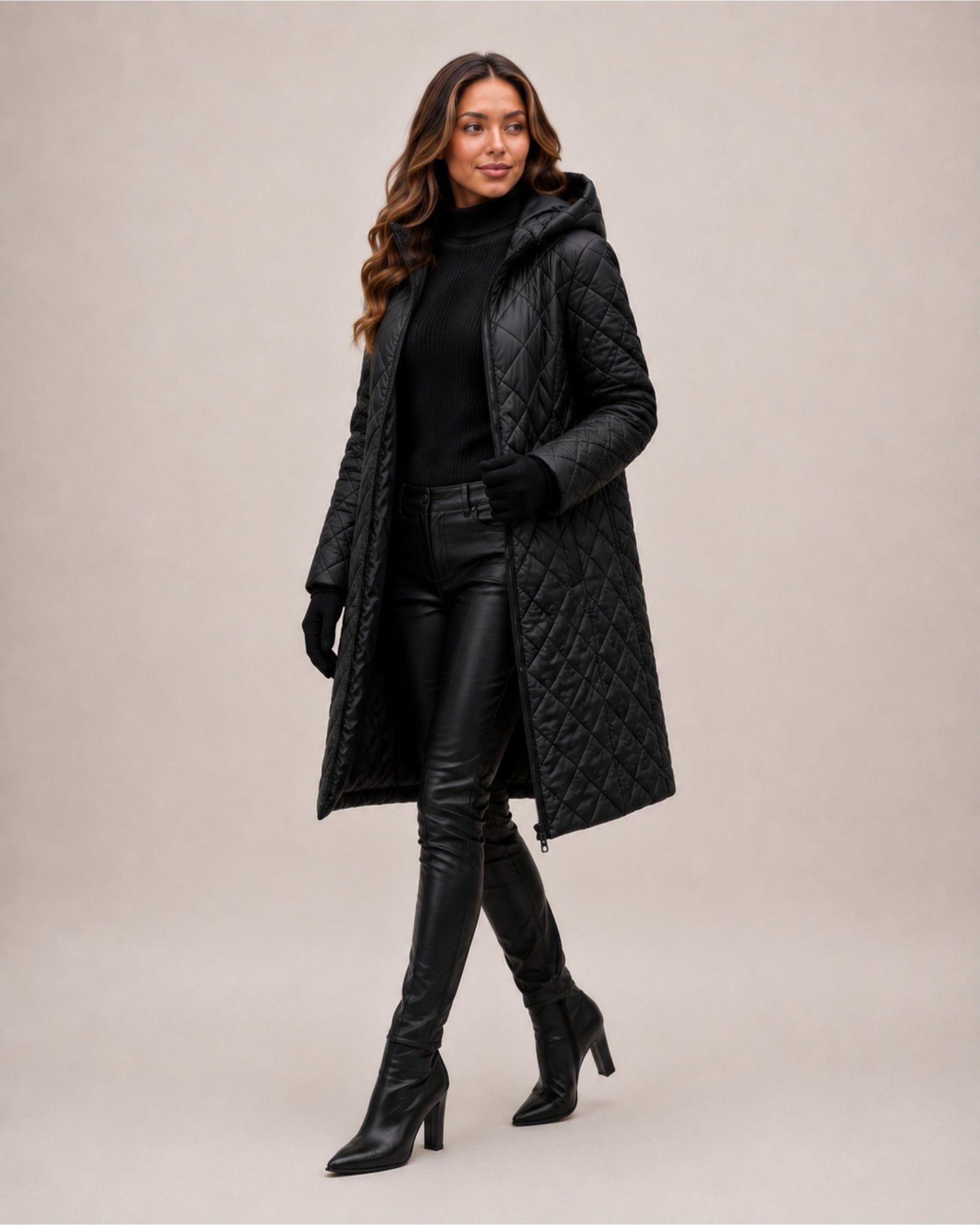 Women's Long Quilted Coat with Diamond Stitching