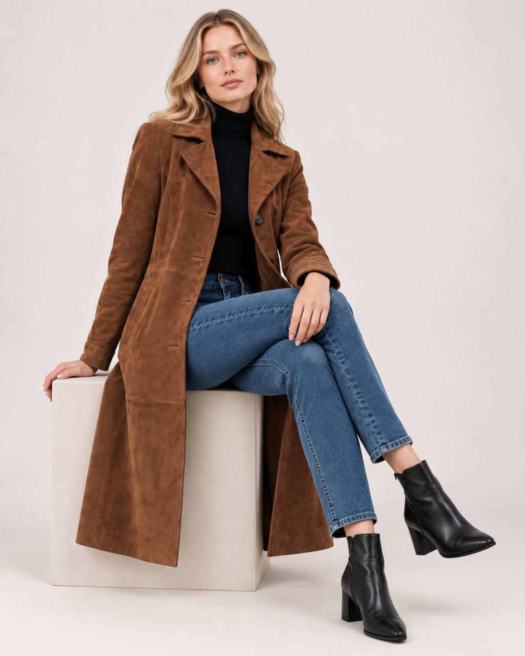 Women's Suede Coat Long Brown Tailored Style