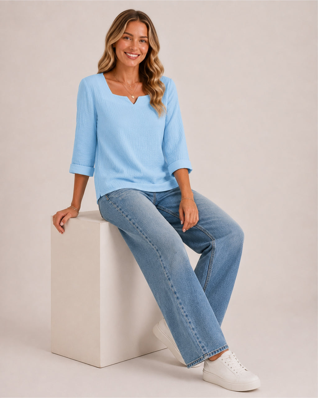 Women's Square Neck Crinkled Top