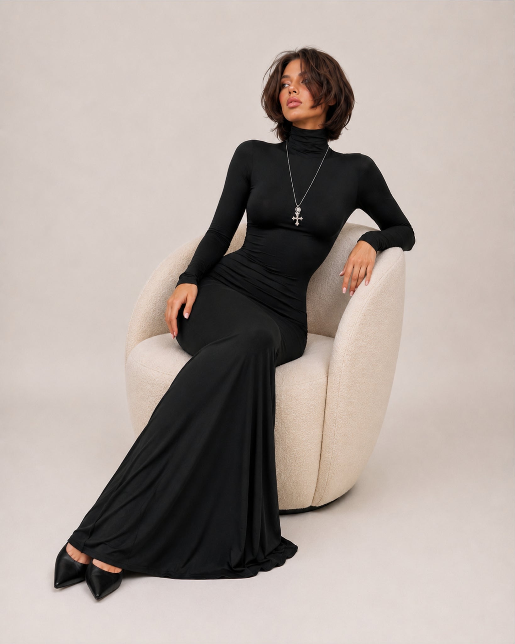 Women's Long Sleeve Bodycon Maxi Dress with High Neck