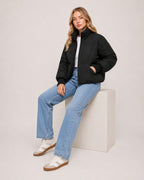 Women's Cropped Puffer Jacket with High Neck and Ribbed Cuffs