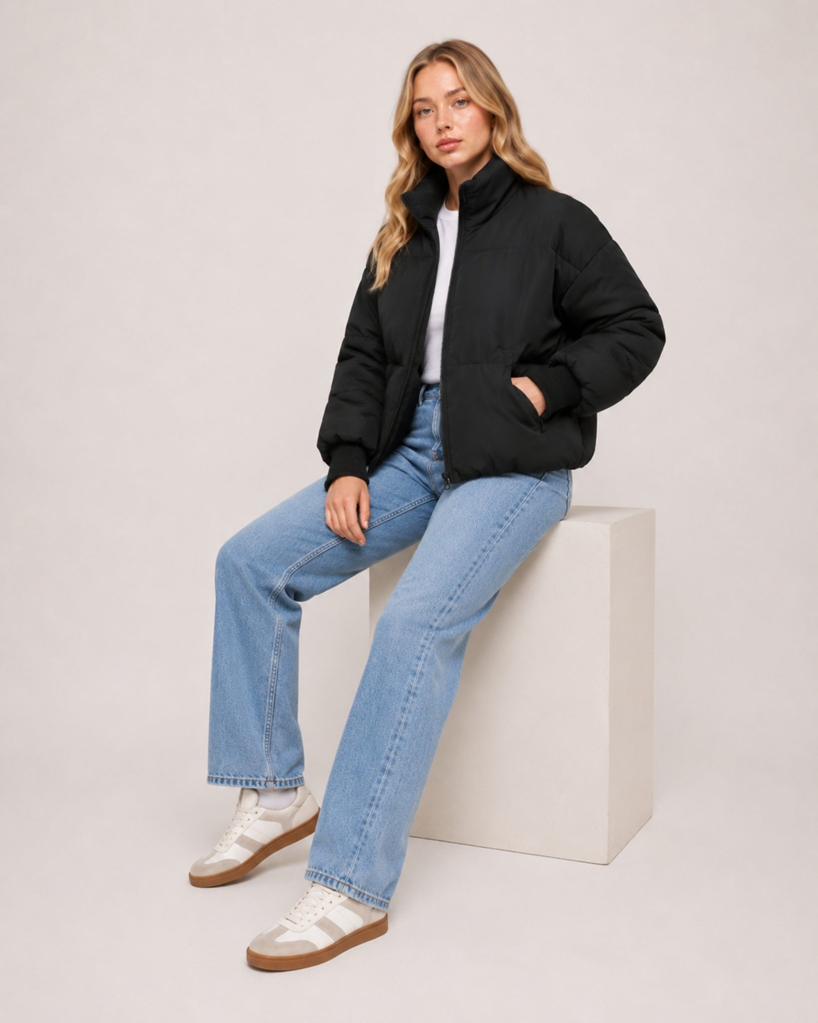Women's Cropped Puffer Jacket with High Neck and Ribbed Cuffs
