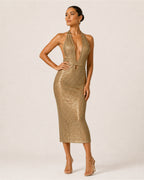 Women's Gold Sequin Party Midi Dress – Halter Neck Bodycon Dress
