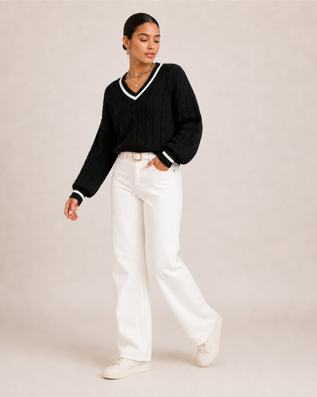 Women's V Neck Cable Knit Jumper with Contrast Trim