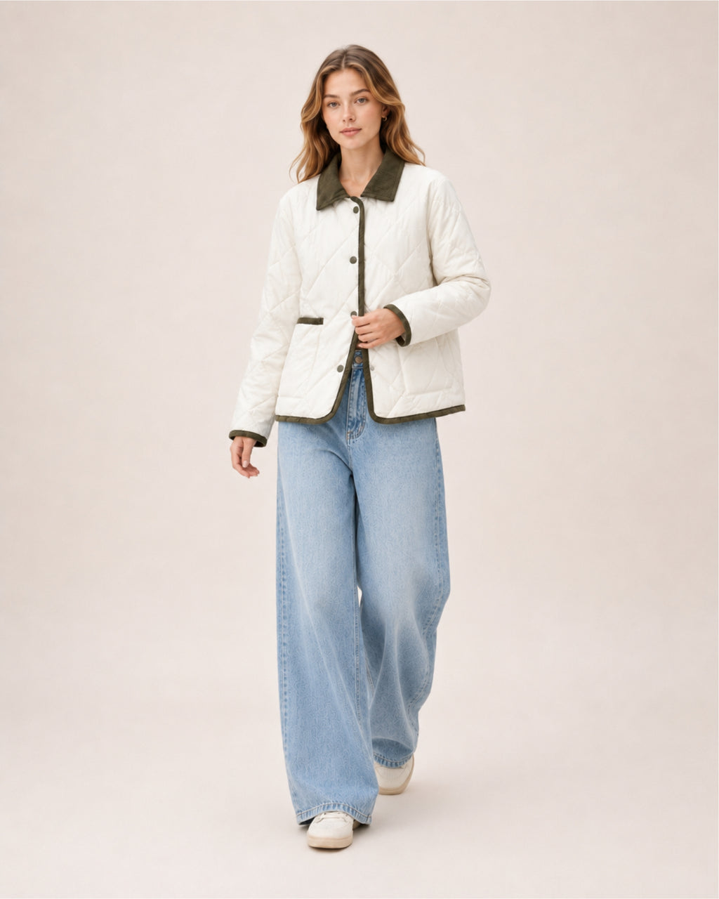 Women's Quilted Jacket – Lightweight Contrast Trim Button-Up Coat