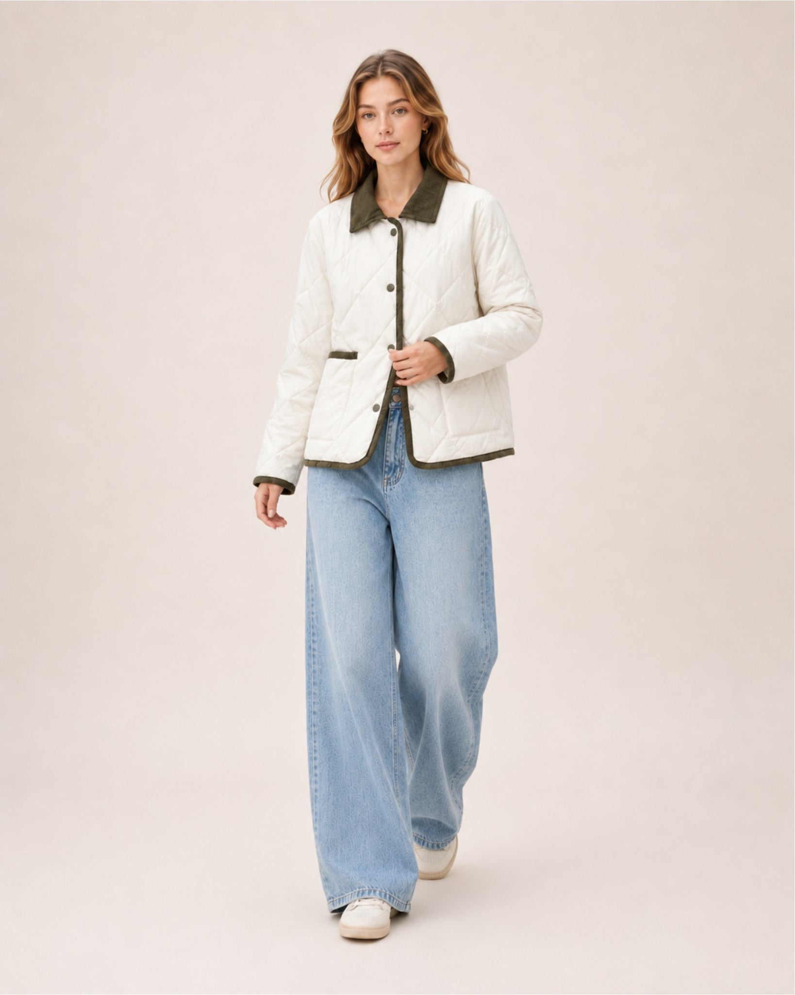 Women's Quilted Jacket – Lightweight Contrast Trim Button-Up Coat