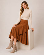Women's Faux Suede Ruffle Midi Skirt