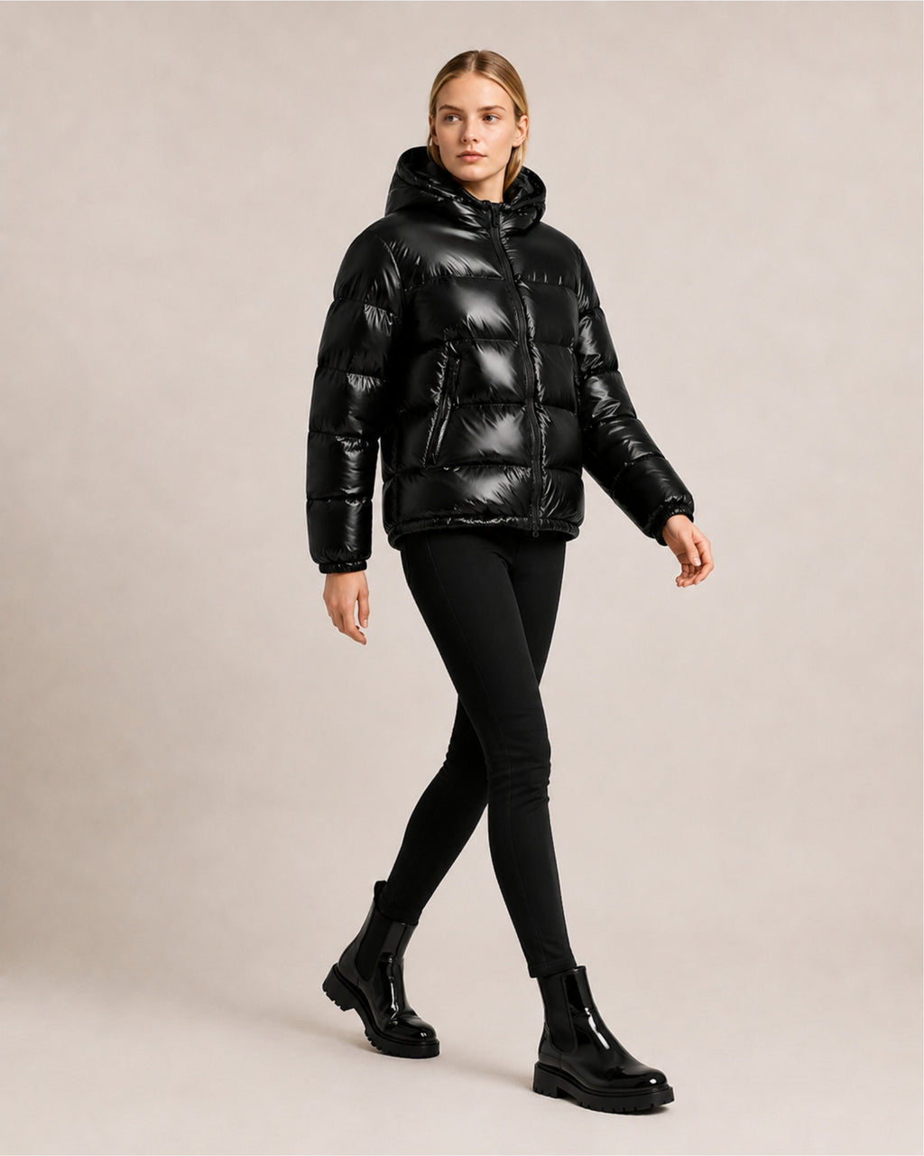 Women's Shiny Puffer Jacket with High Collar
