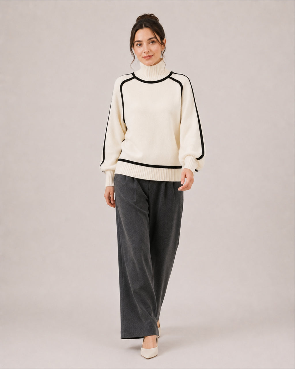 Women's Oversized Turtleneck Jumper with Contrast Trim