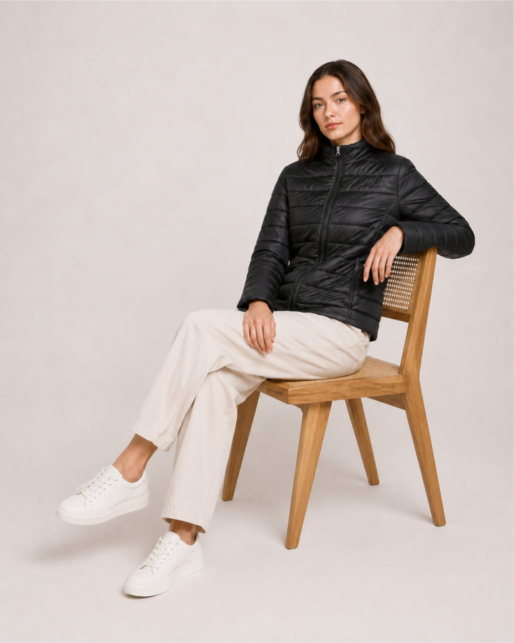 Women's Quilted Puffer Jacket with Stand Collar and Fitted Shape