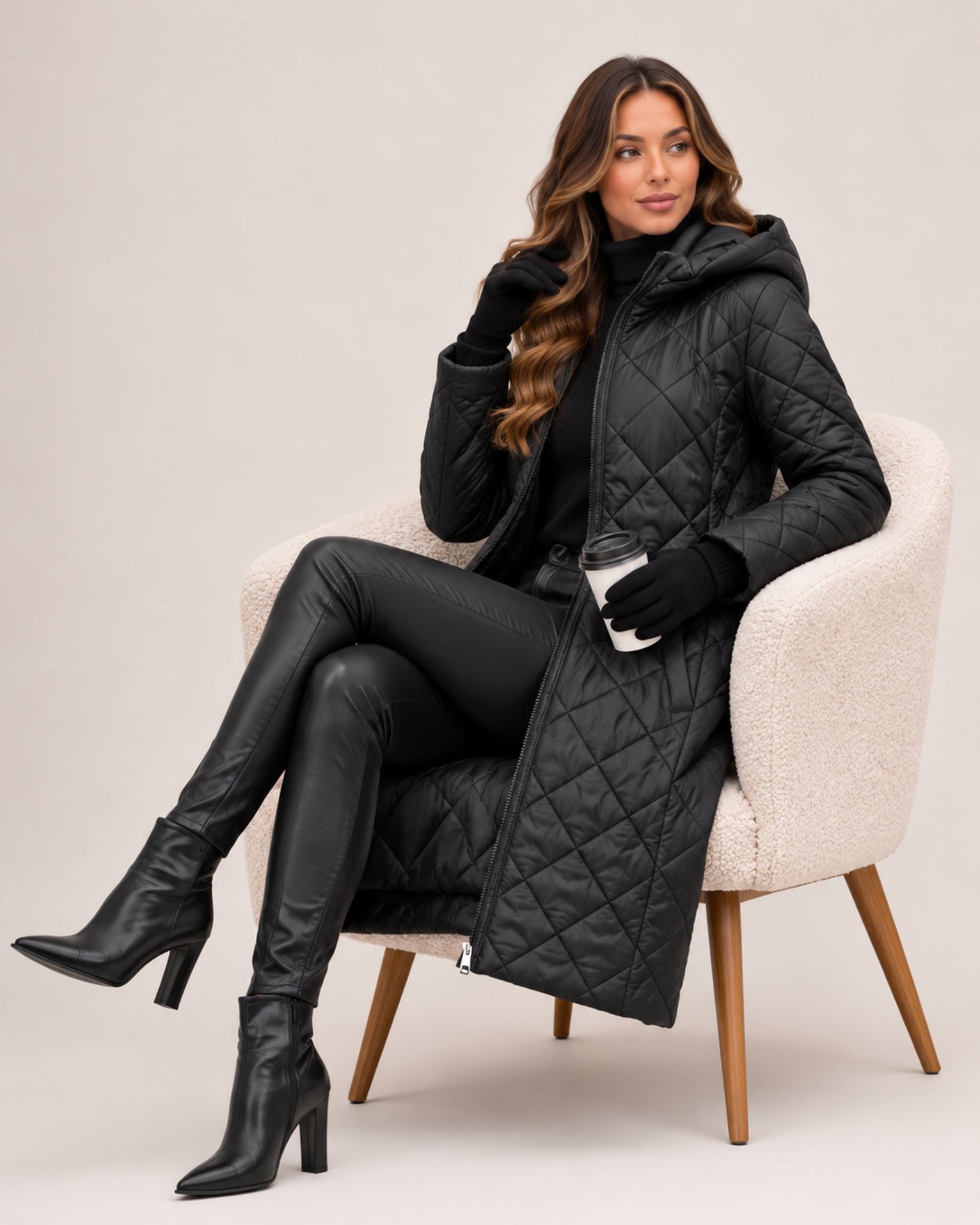 Women's Long Quilted Coat with Diamond Stitching