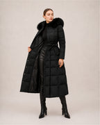 Women's Long Puffer Coat with Faux Fur Hood & Belt