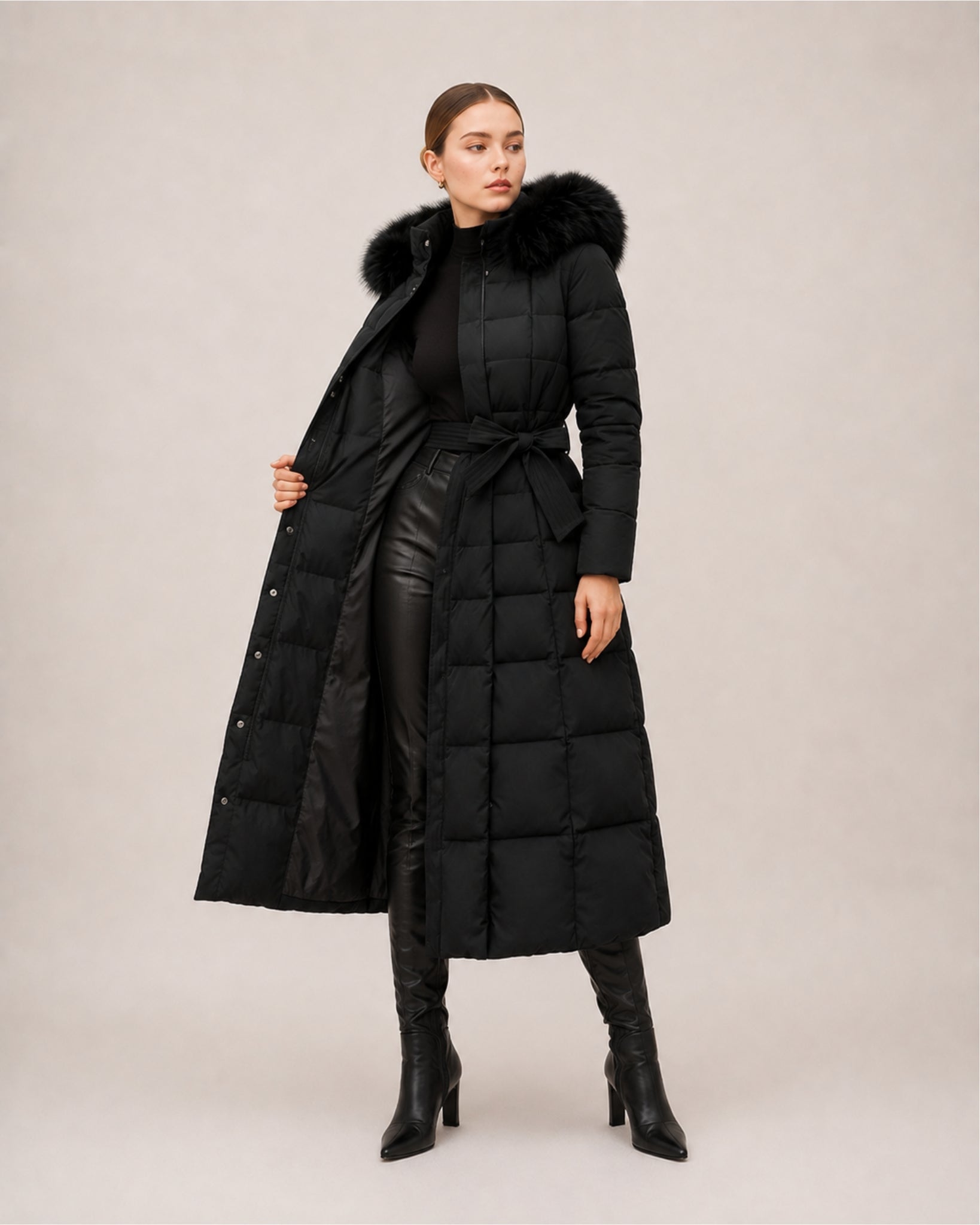 Women's Long Puffer Coat with Faux Fur Hood & Belt