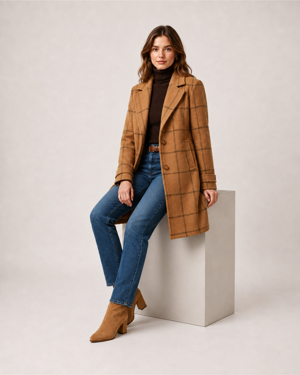 Women's Checked Coat Long Tailored Button Front Style