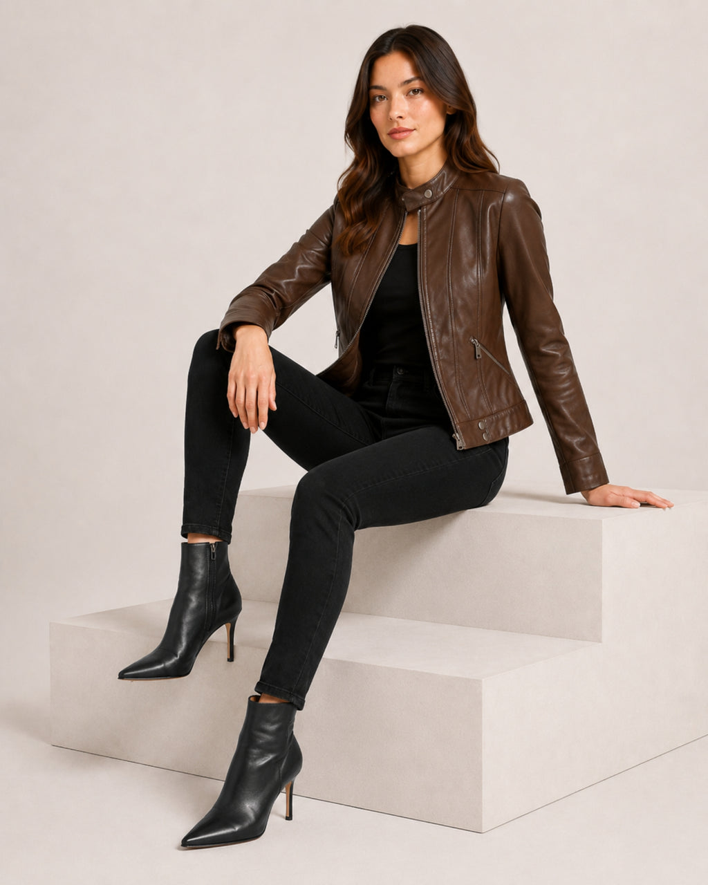 Women's Brown Faux Leather Jacket – Fitted Zip-Up Style
