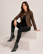 Women's Brown Faux Leather Jacket – Fitted Zip-Up Style
