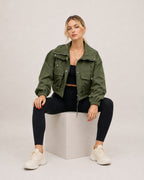 Women's Cropped Utility Jacket with Stand Collar and Chest Pockets
