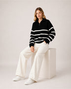 Women's Striped Jumper Half Zip Collared Knit Style