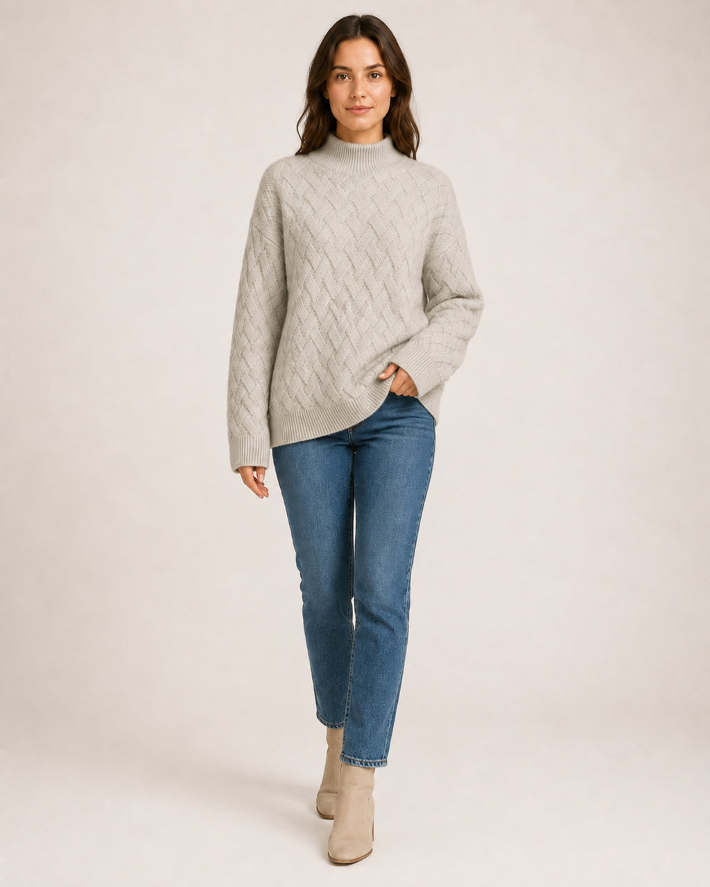 Women's Textured Roll-Neck Jumper with Basketweave Knit