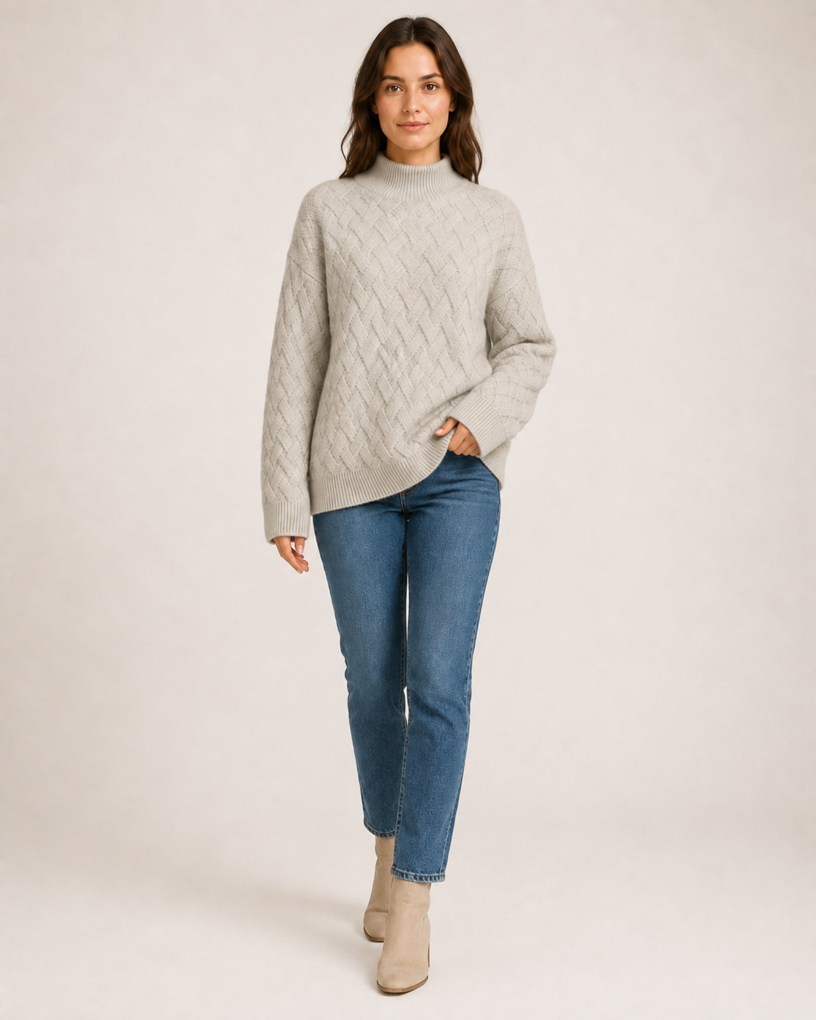 Women's Textured Roll-Neck Jumper with Basketweave Knit